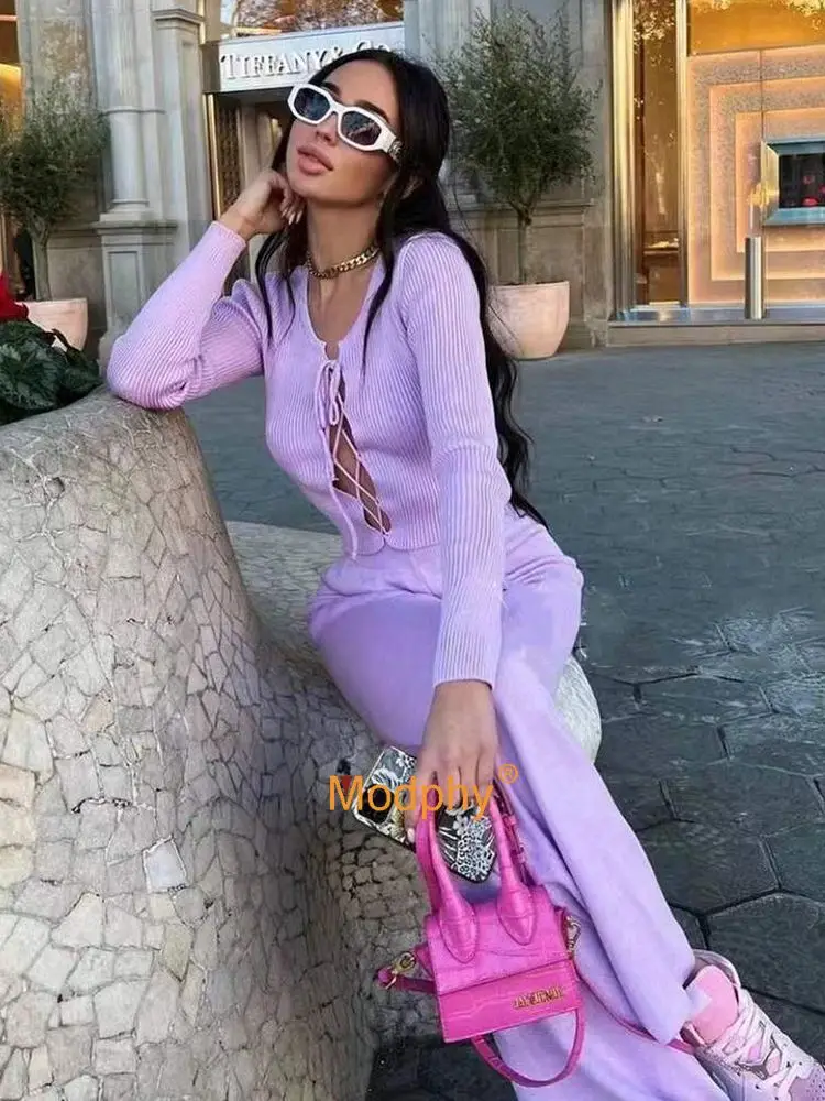 Ücretsiz Kargo kadın Örgü İki Parçalı Set Streç dantel-up Uzun Kollu Kazak ve Düz pantolon seti Rahat Moda Kadın Kıyafeti Görüntü 2