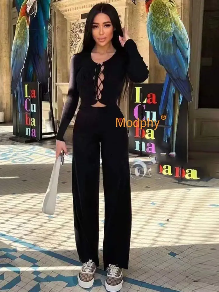 Ücretsiz Kargo kadın Örgü İki Parçalı Set Streç dantel-up Uzun Kollu Kazak ve Düz pantolon seti Rahat Moda Kadın Kıyafeti Görüntü 4