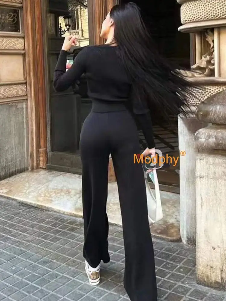 Ücretsiz Kargo kadın Örgü İki Parçalı Set Streç dantel-up Uzun Kollu Kazak ve Düz pantolon seti Rahat Moda Kadın Kıyafeti Görüntü 5