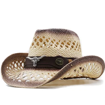 Kadın Şapka Yeni Erkek Kovboy Retro Rafya Hasır Şapkalar Yaz güneş şapkası Açık Güneşlik plaj şapkası Batı Fötr Şapka Panama Şapka